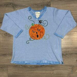 The Quaker Factory Sequined Halloween Pumpkin Jack O'Lantern Sweater Sz 1X Bling